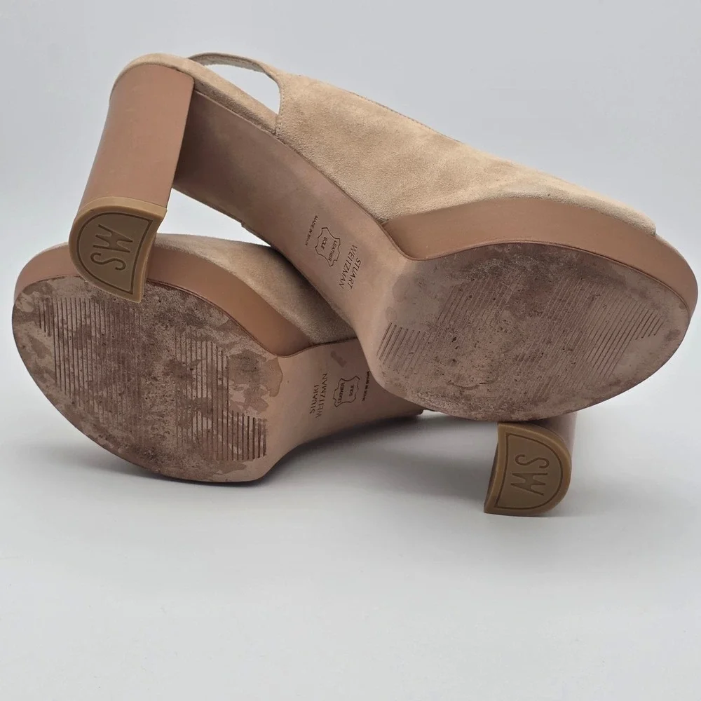 Stuart Weitzman Slingshot Block Heels Women 10 Tan Suede Platform‎ Wedding Guest